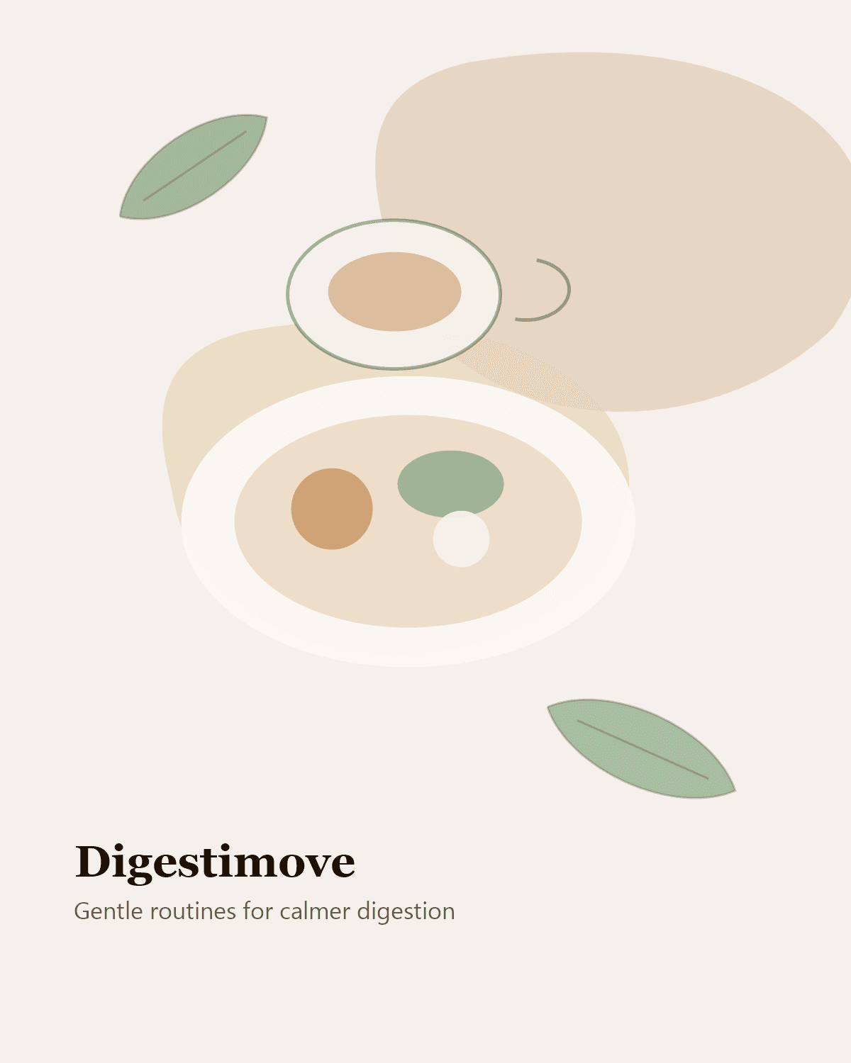 A calming digestive wellness table scene with tea, fruit, notebook, and natural textures.