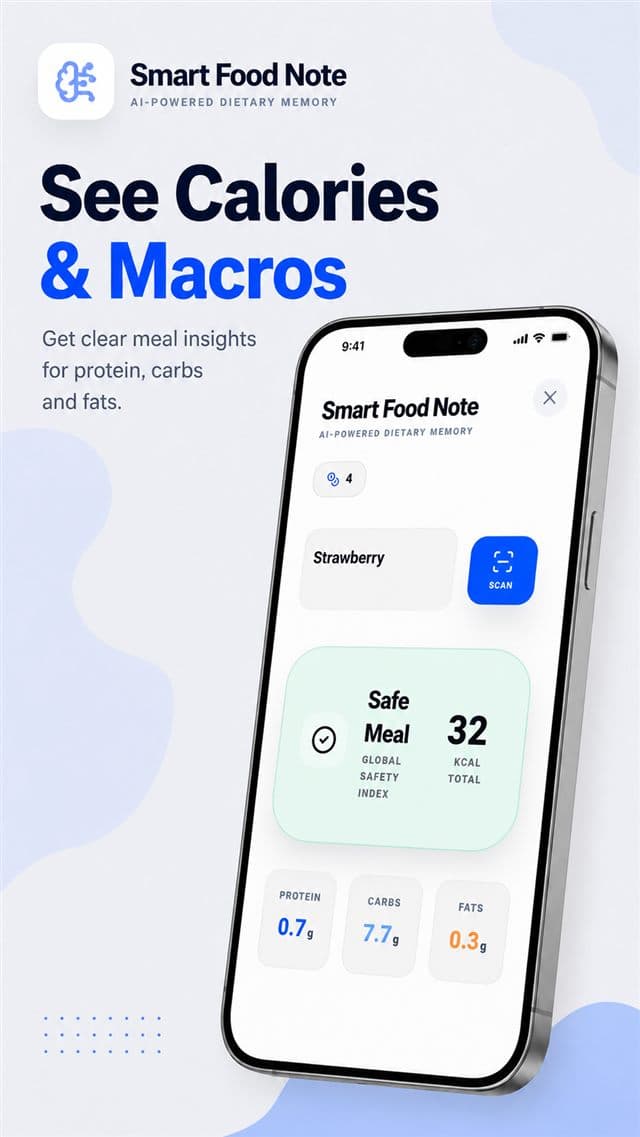 Digestimove food scan screen showing a safe meal result with calories and macros.